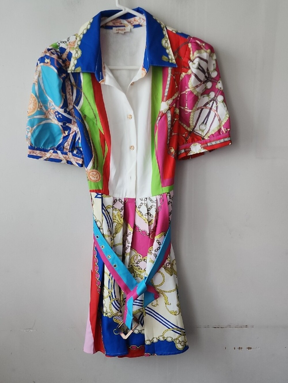 Colorblock Chain-Print Midi Dress with Belt. New Without Tag - Picture 2 of 12